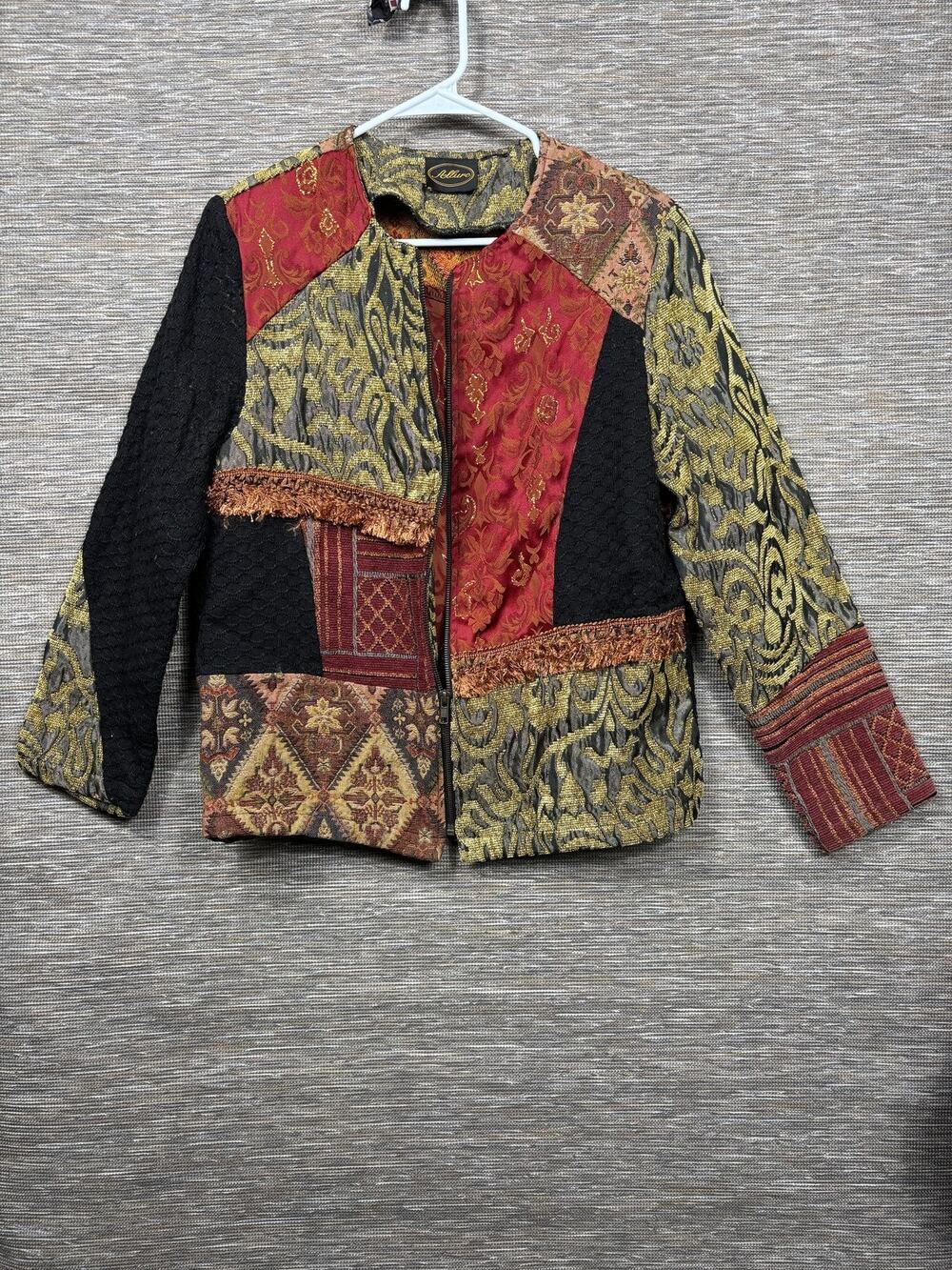 Aline Jacket Womens Medium Multicolor Patchwork Floral Fringe Zip Boho